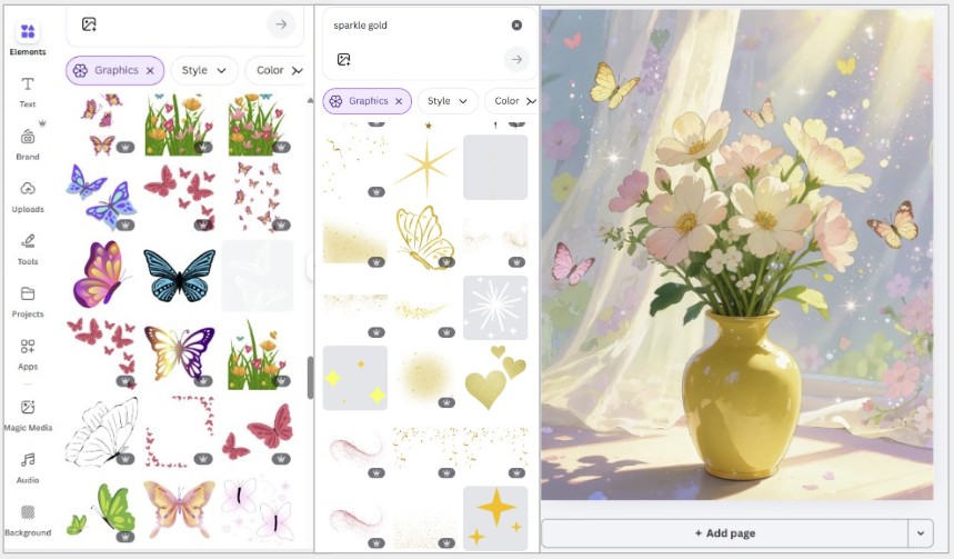 Canva elements panel and spring composition workflow
