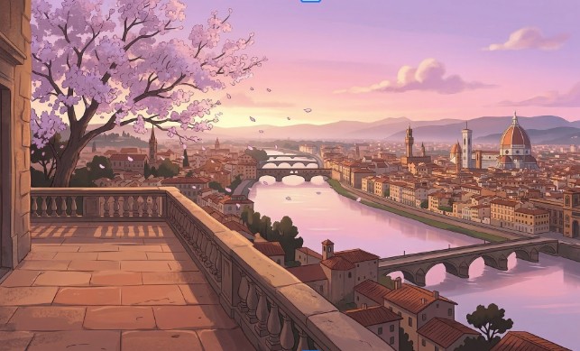 Beautiful city at pink dawn